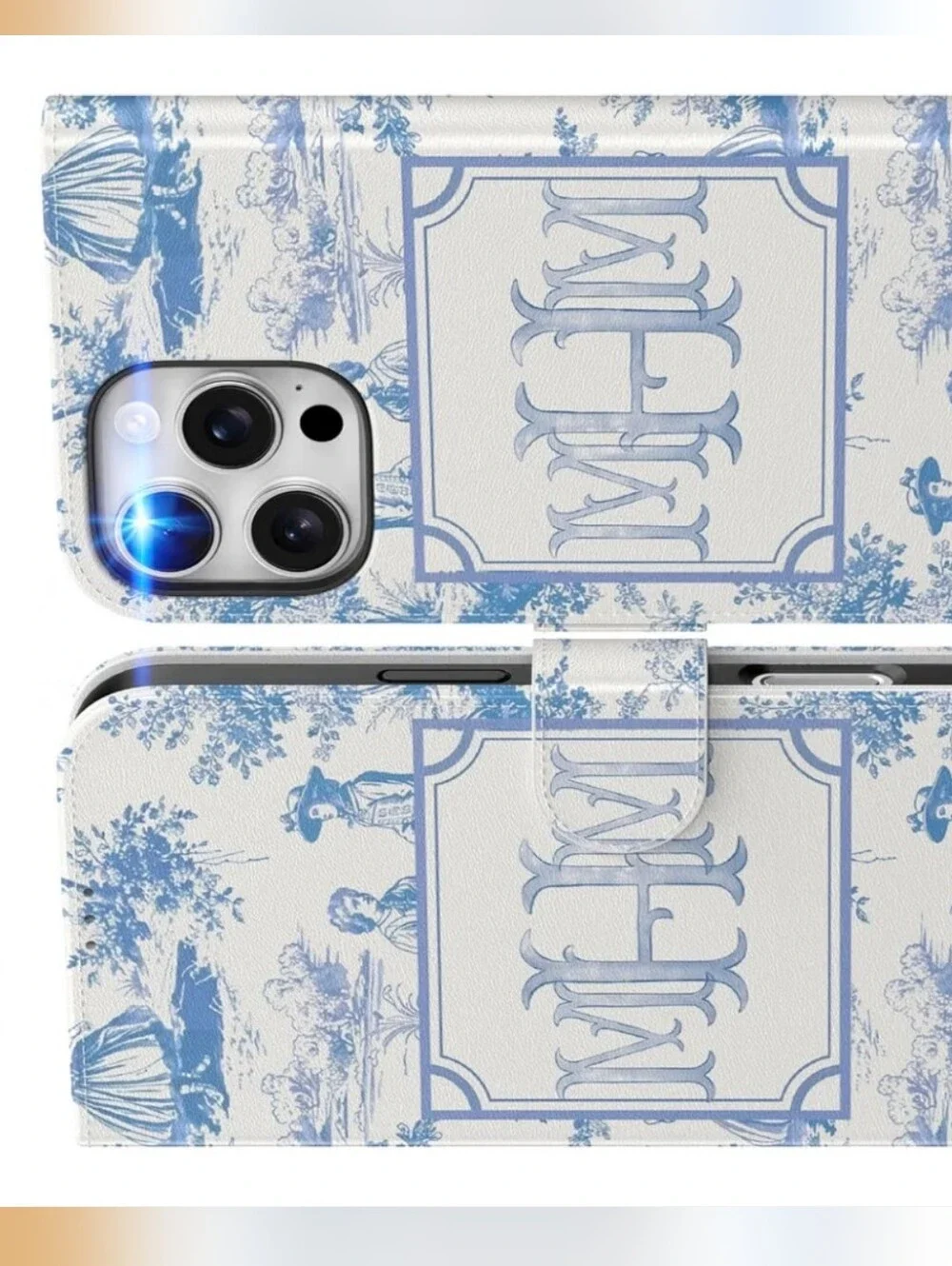 DEENAKIN iPhone 16 Pro Wallet Case Blue Toile de Jouy Pattern - NIB